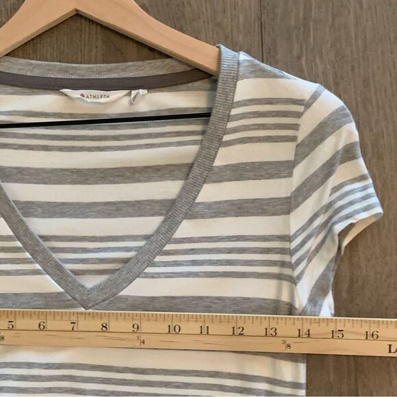 ATHLETA TOPANGA DRESS WOMEN XXS WHITE GRAY STRIP V-NECK SIDE RUCHING MINI. - Picture 12 of 15